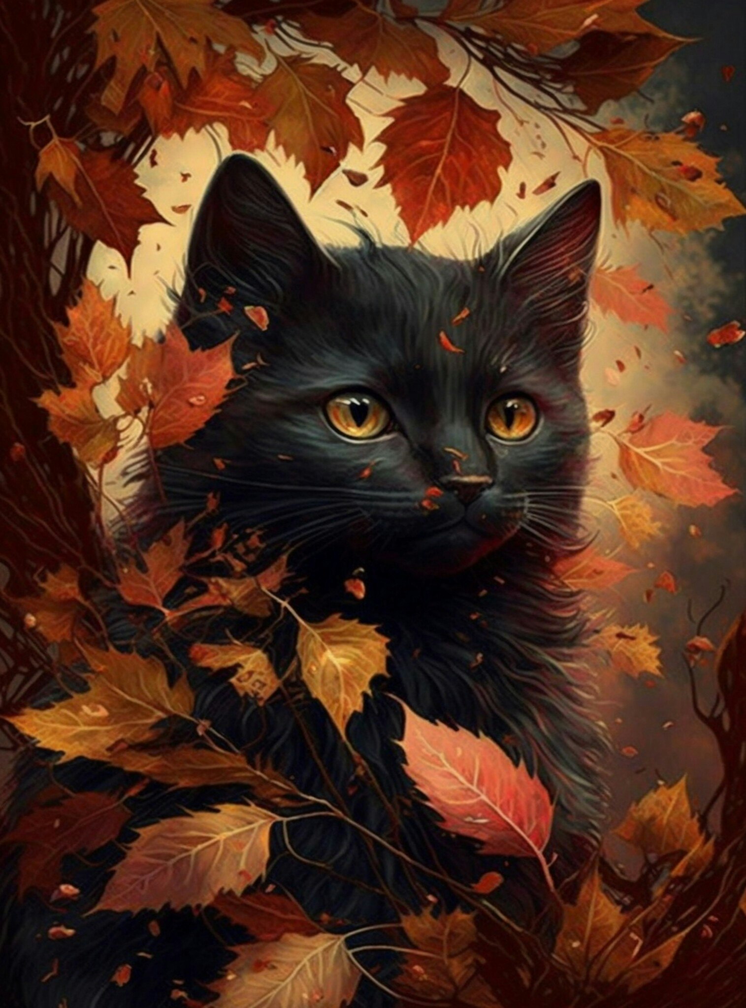 Katt og høstløv med noen AB perler © Vivid Splash