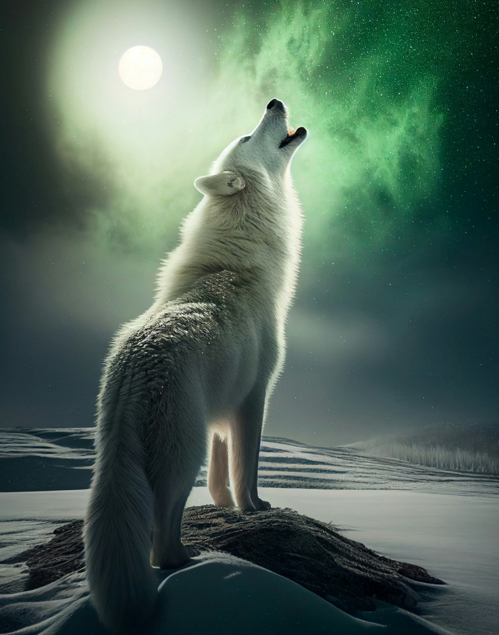 Hvit Ulv i nordlys ©VisualVibePrintsCo
