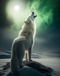 Hvit Ulv i nordlys ©VisualVibePrintsCo