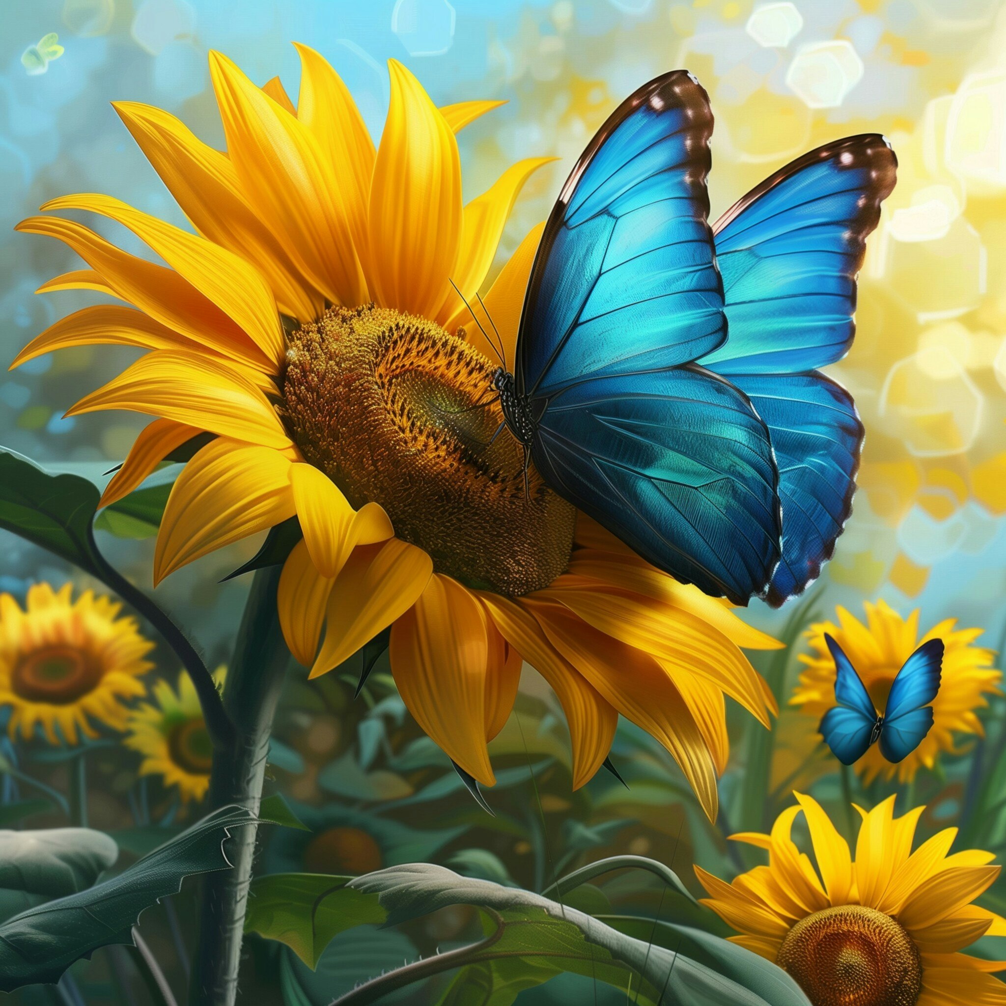 Blå sommerfugl i solsikke med krystallperler © Digitalpng4u