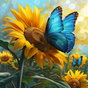 Blå sommerfugl i solsikke med krystallperler © Digitalpng4u
