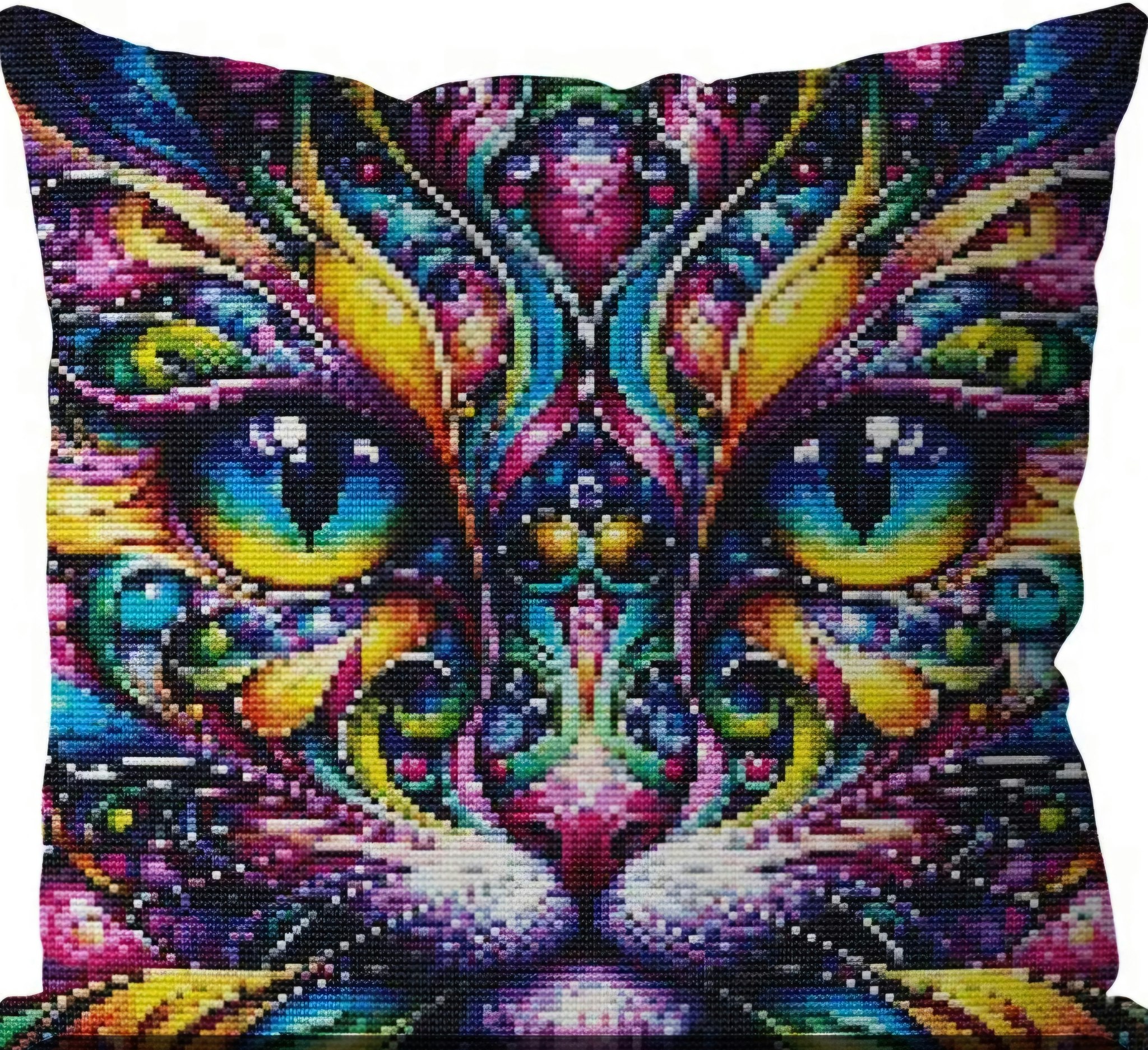 Broderi kit pute i korssting med bakstykke, katt