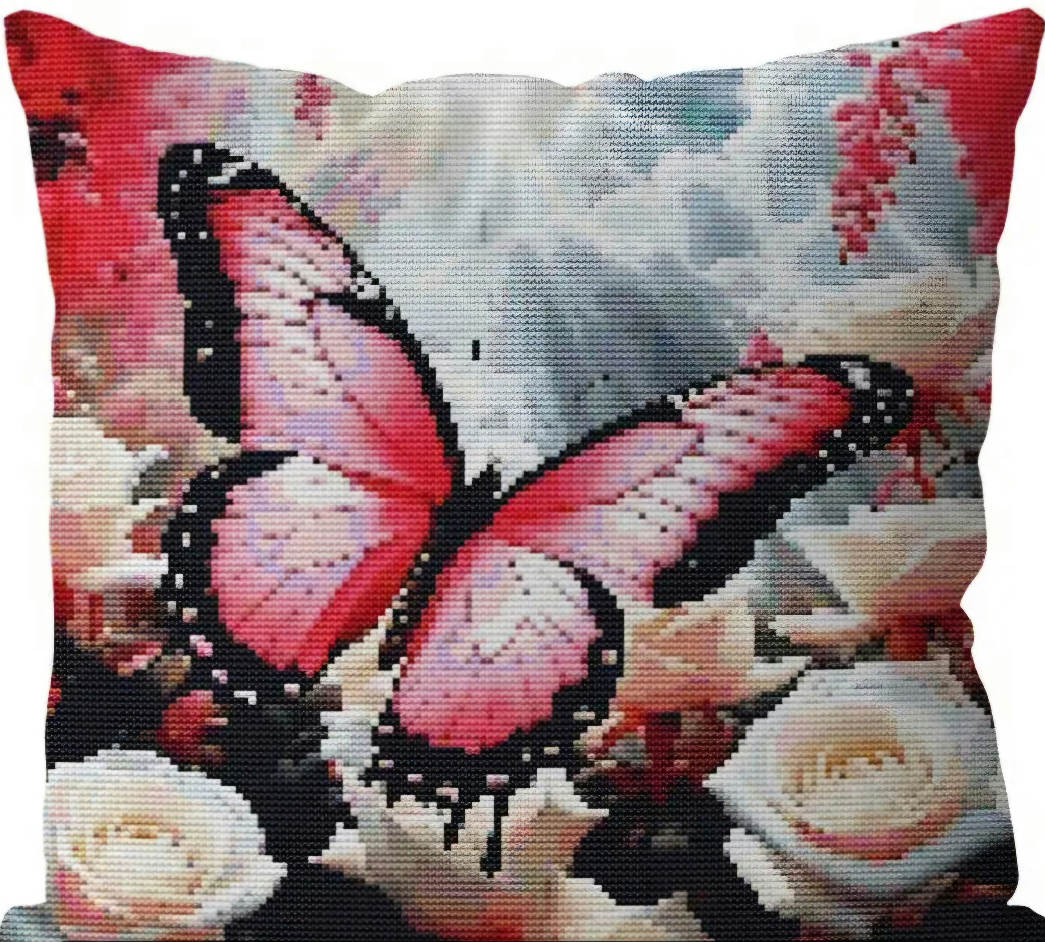 Broderi kit Pute i korssting rosa sommerfugl, med bakstykke