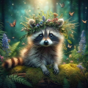 Vaskebjørn med blomsterkrans