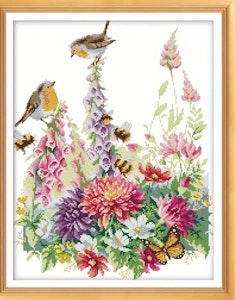 Broderi kit Korssting sommer blomster og fugler 38x48