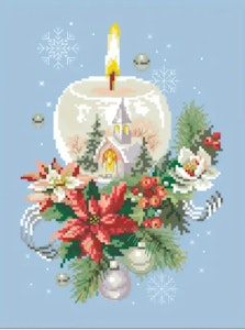 Korssting julelys på lyseblå bunn 21x29