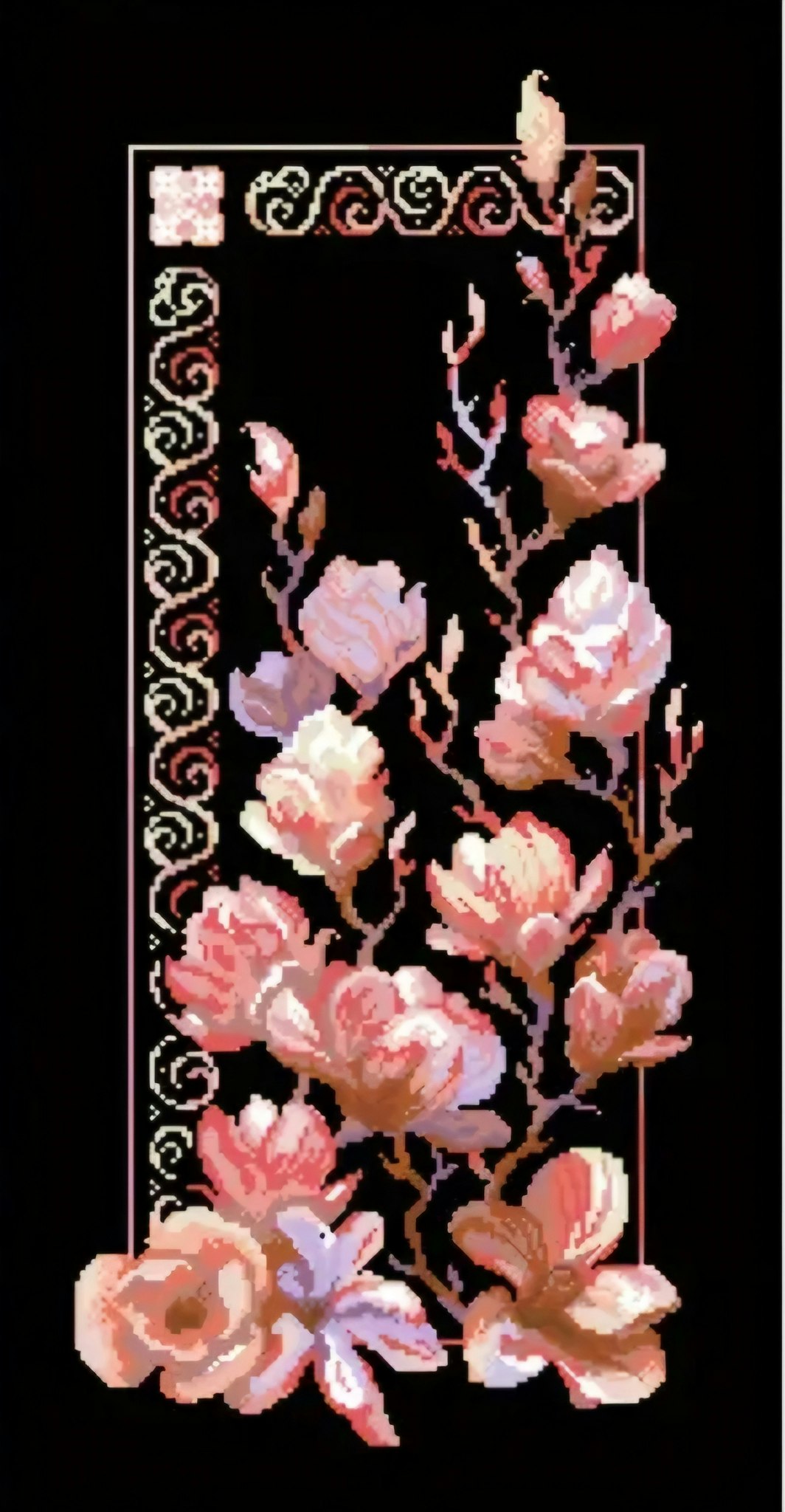 Korssting rosa blomster på sort bunn 28x55