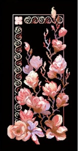 Korssting rosa blomster på sort bunn 28x55