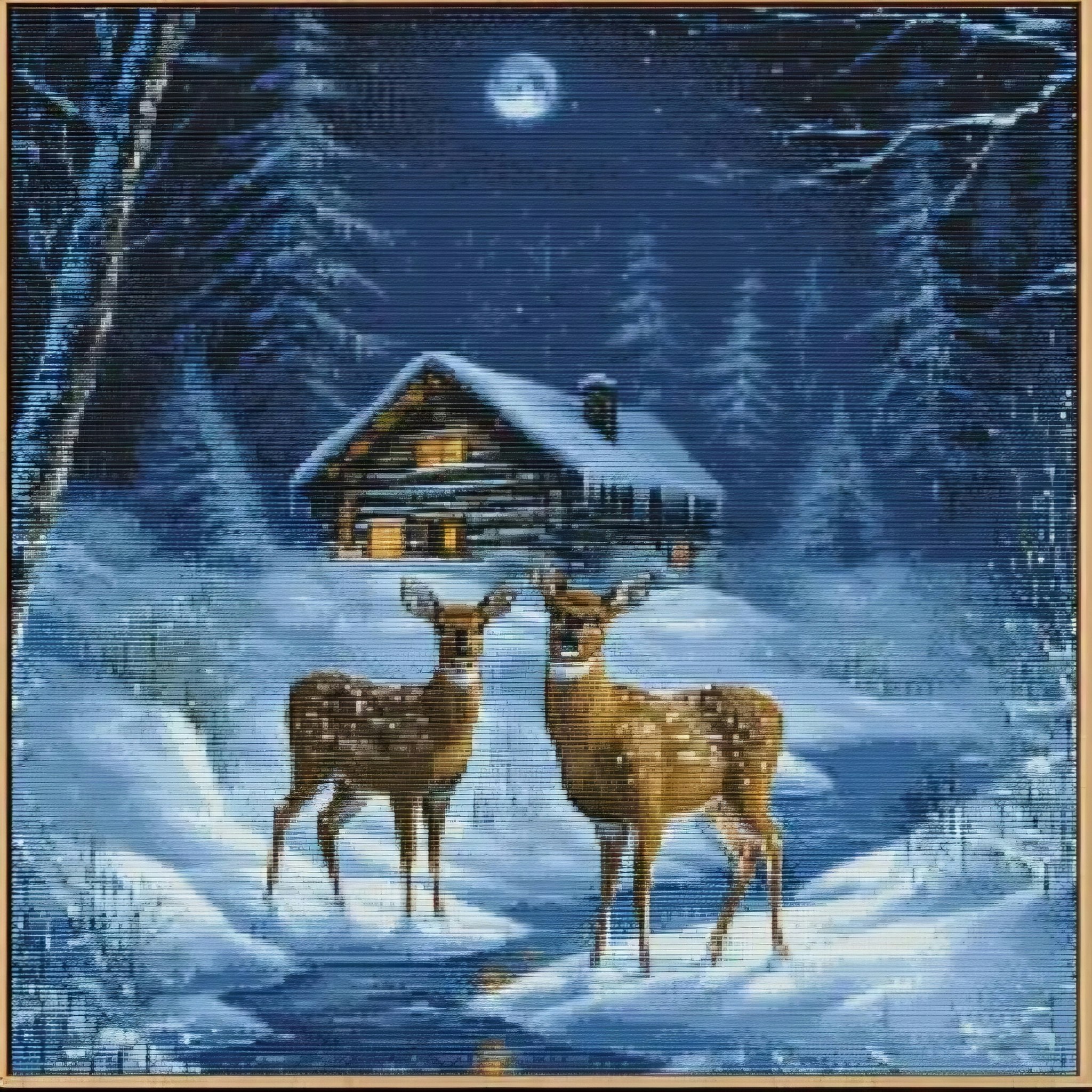 Korssting to rådyr i vinterlandskap 40x40