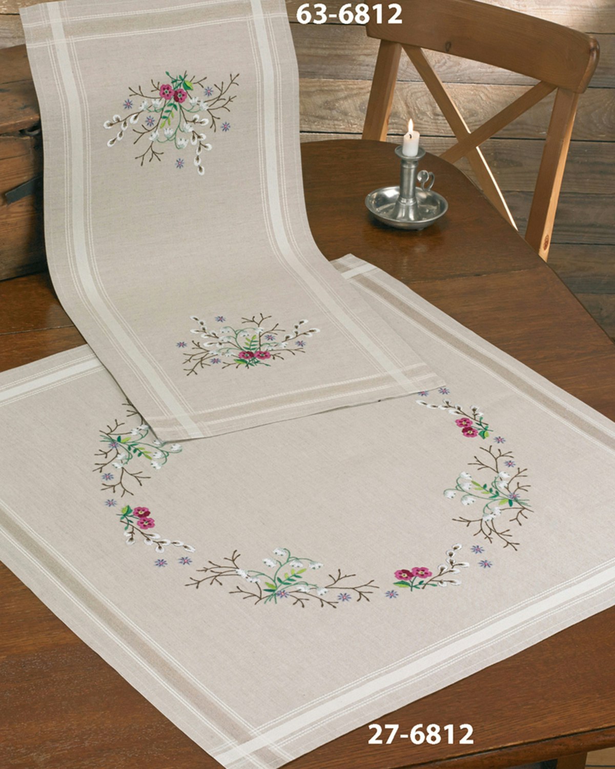 Broderi kit duk beige bunn med vårlig krans 80x80cm