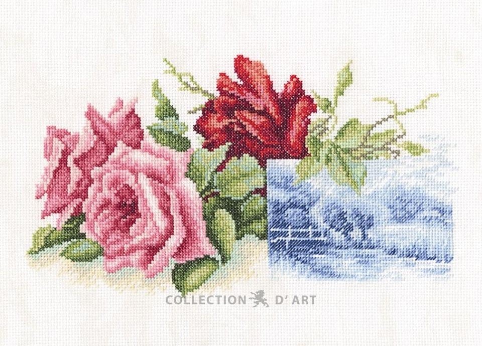 Broderi kit korssting bilde roser og miniatyr 27x17 cm