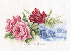 Broderi kit korssting bilde roser og miniatyr 27x17 cm