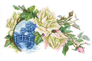Broderi kit korssting bilde, hvit rose med miniatyr 27x17 cm
