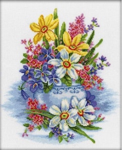 Broderi kit korssting bilde, vårblomster i vase 26x32 cm