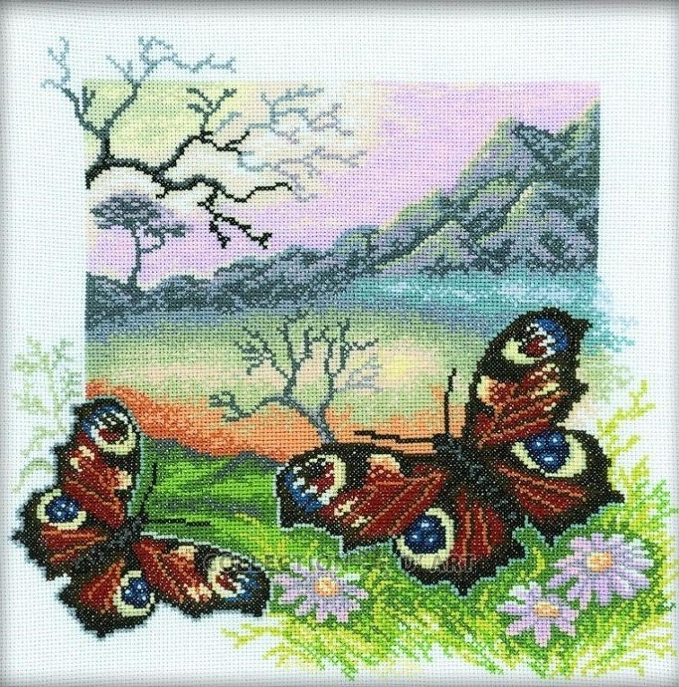 Broderi korssting bilde, sommerfugler i landskap 30x30 cm