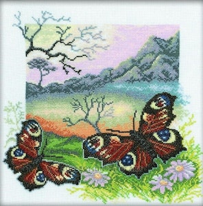 Broderi kit korssting bilde, sommerfugler i landskap 30x30 cm