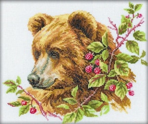Broderi kit korssting bilde, bjørn og bringebær 30x25 cm