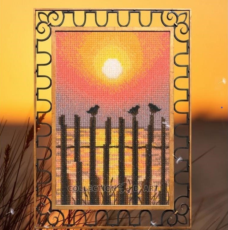 Broderi kit korssting bilde, solnedgang siluetter 9,5x14 cm