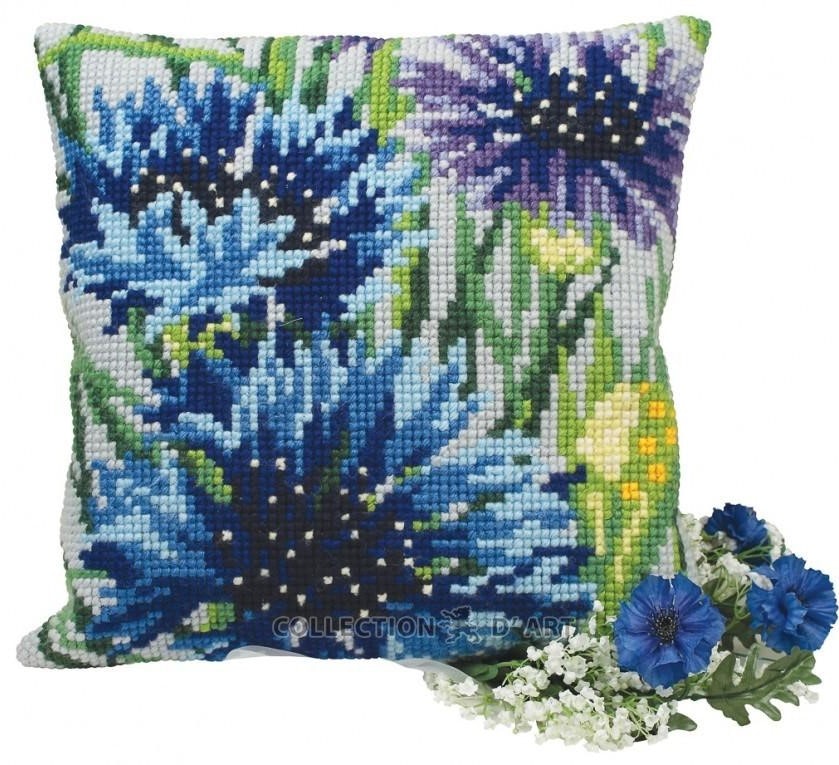 Broderi kit korssting bilde eller pute front, blå kornblomster 40x40 cm
