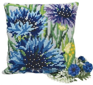 Broderi kit korssting bilde eller pute front, blå kornblomster 40x40 cm