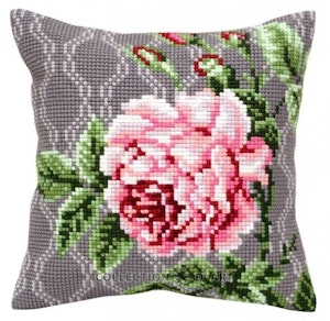 Broderi kit korssting bilde eller pute front, rosa rose 40x40 cm