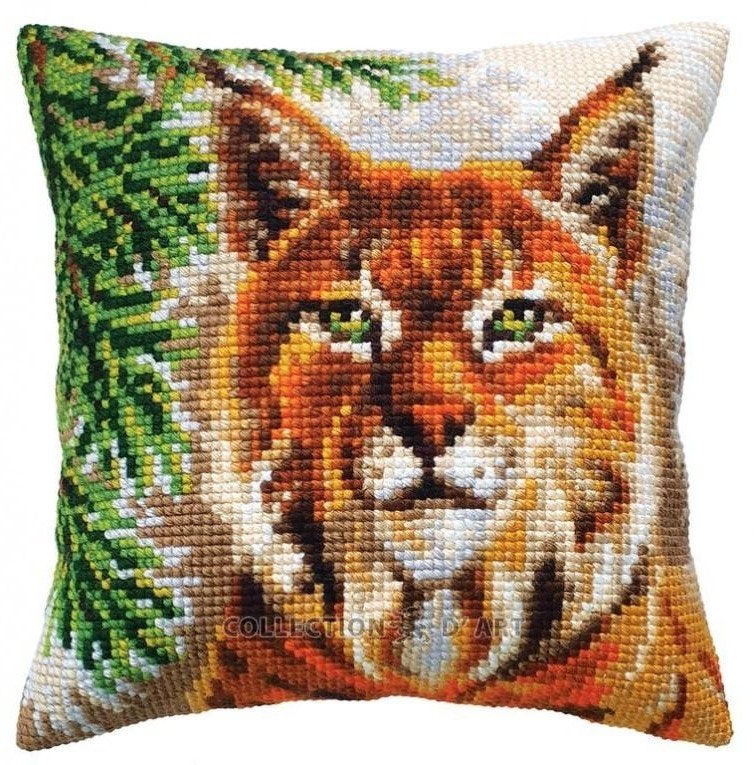 Broderi kit korssting bilde eller pute front, gaupe og grankvist 40x40 cm
