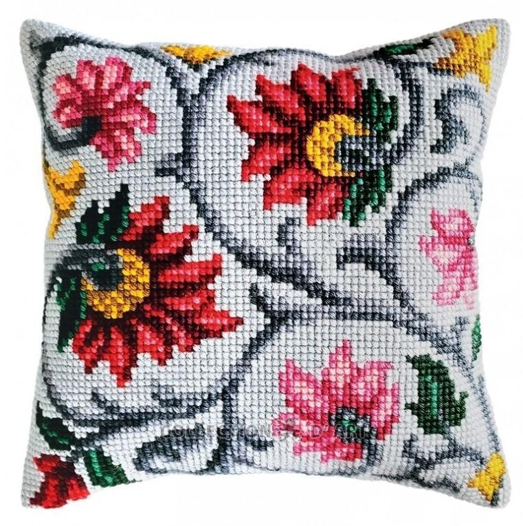 Broderi kit korssting bilde eller pute front, blomsterornament 40x40 cm