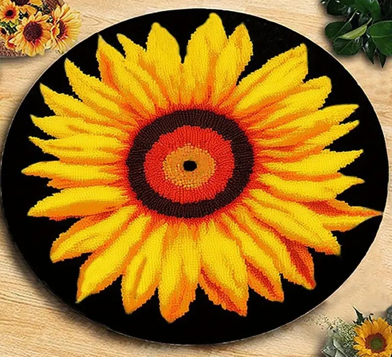 Knyteteppe solsikke ferdig montert bunn og med bakstykke 52x52 cm