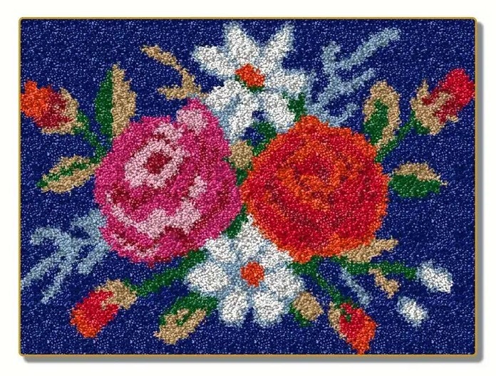 Knyteteppe en bukett blomster ferdig montert bunn og med bakstykke 52x38 cm