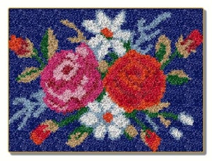 Knyteteppe en bukett blomster ferdig montert bunn og med bakstykke 52x38 cm