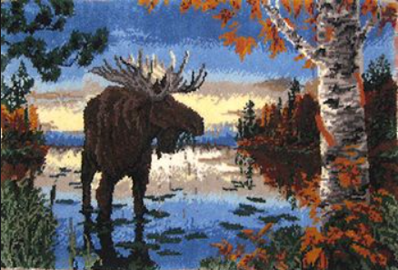 Stort knyteteppe elg vasser i vann ferdig montert bunn med bakstykke 109x75 cm
