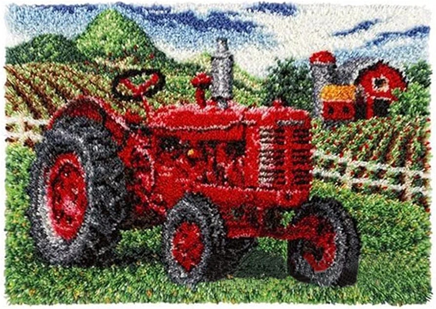 Stort knyteteppe rød traktor ferdig montert bunn med bakstykke 109x79 cm