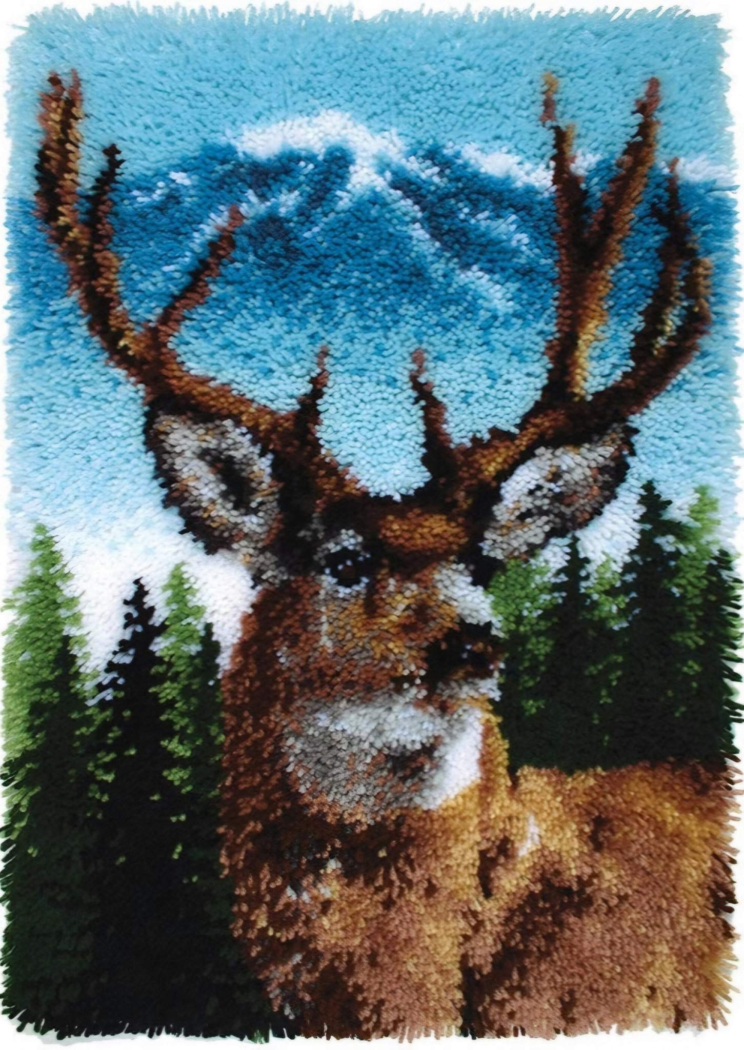 Stort knyteteppe hjort ferdig montert bunn med bakstykke 109x79 cm