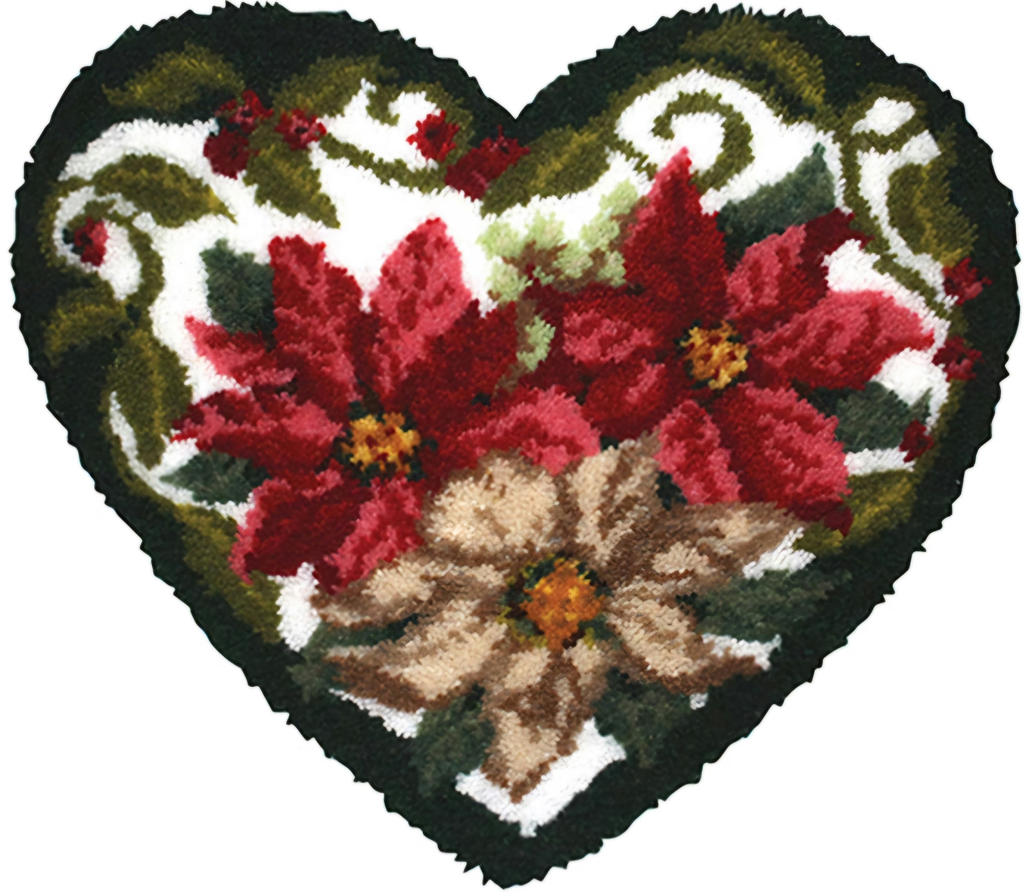 Stort knyteteppe vinter-hjerte ferdig montert bunn med bakstykke 80x72 cm