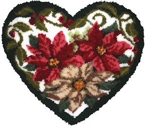Stort knyteteppe vinter-hjerte ferdig montert bunn med bakstykke 80x72 cm