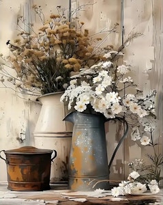 Mal etter nummer Hvite blomster og en rusten boks 40x50 cm