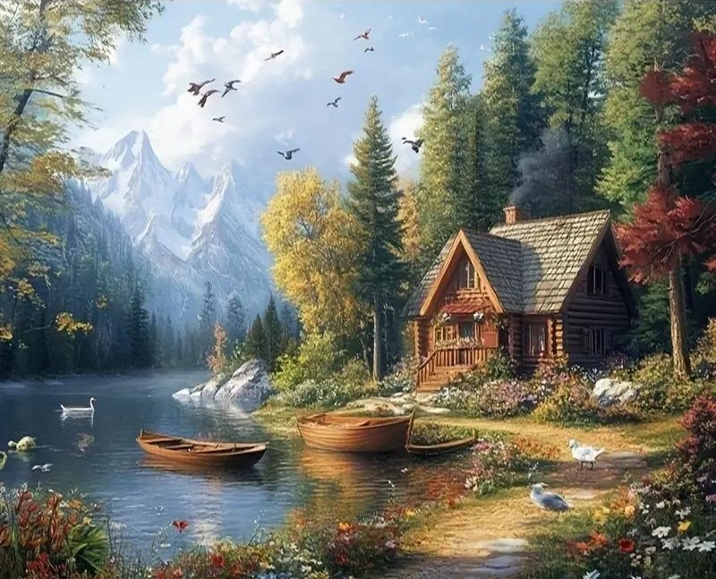Mal etter nummer hytteidyll med to båter og en svane 40,64x50,8 cm