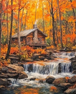 Mal etter nummer hytte i høstskogen 40,64x50,8 cm