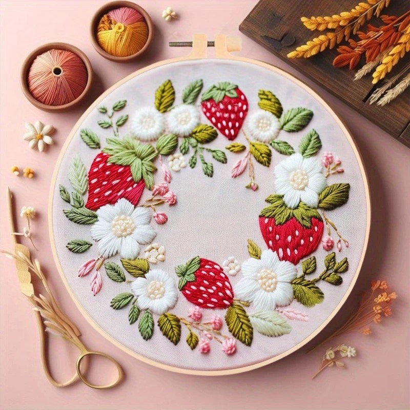 Broderi kit jordbær 20x20 med broderi-ring