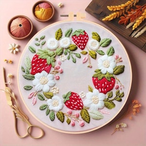 Broderi kit jordbær 20x20 med broderi-ring