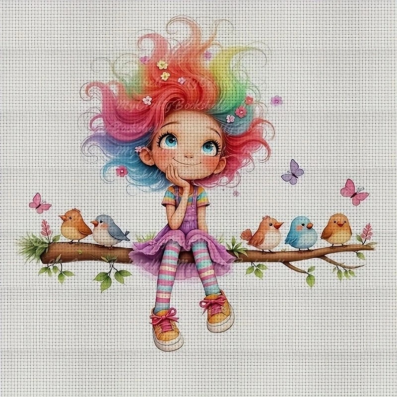 Broderi kit med perler 30x30 Jente på grein