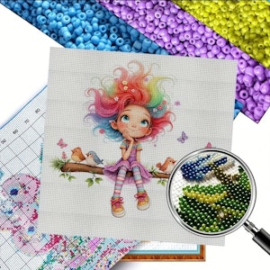 Broderi kit med perler 30x30 Jente på grein