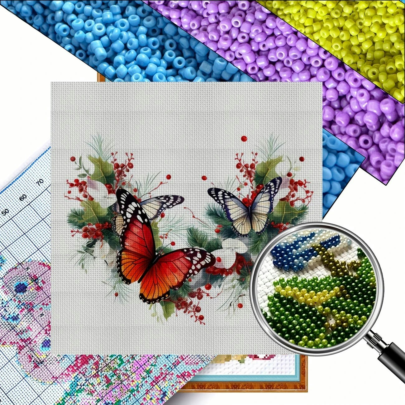 Broderi kit med perler 30x30 Rød sommerfugl
