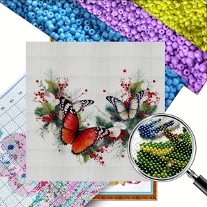Broderi kit med perler 30x30 Rød sommerfugl