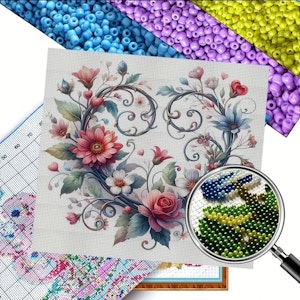 Broderi kit med perler 30x30 Blomsterhjerte med snirkler