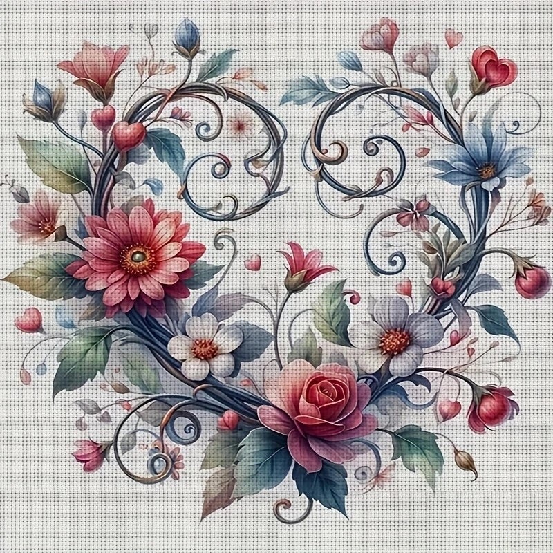 Broderi kit med perler 30x30 Blomsterhjerte med snirkler