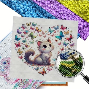 Broderi kit med perler 30x30 Katt i hjerte