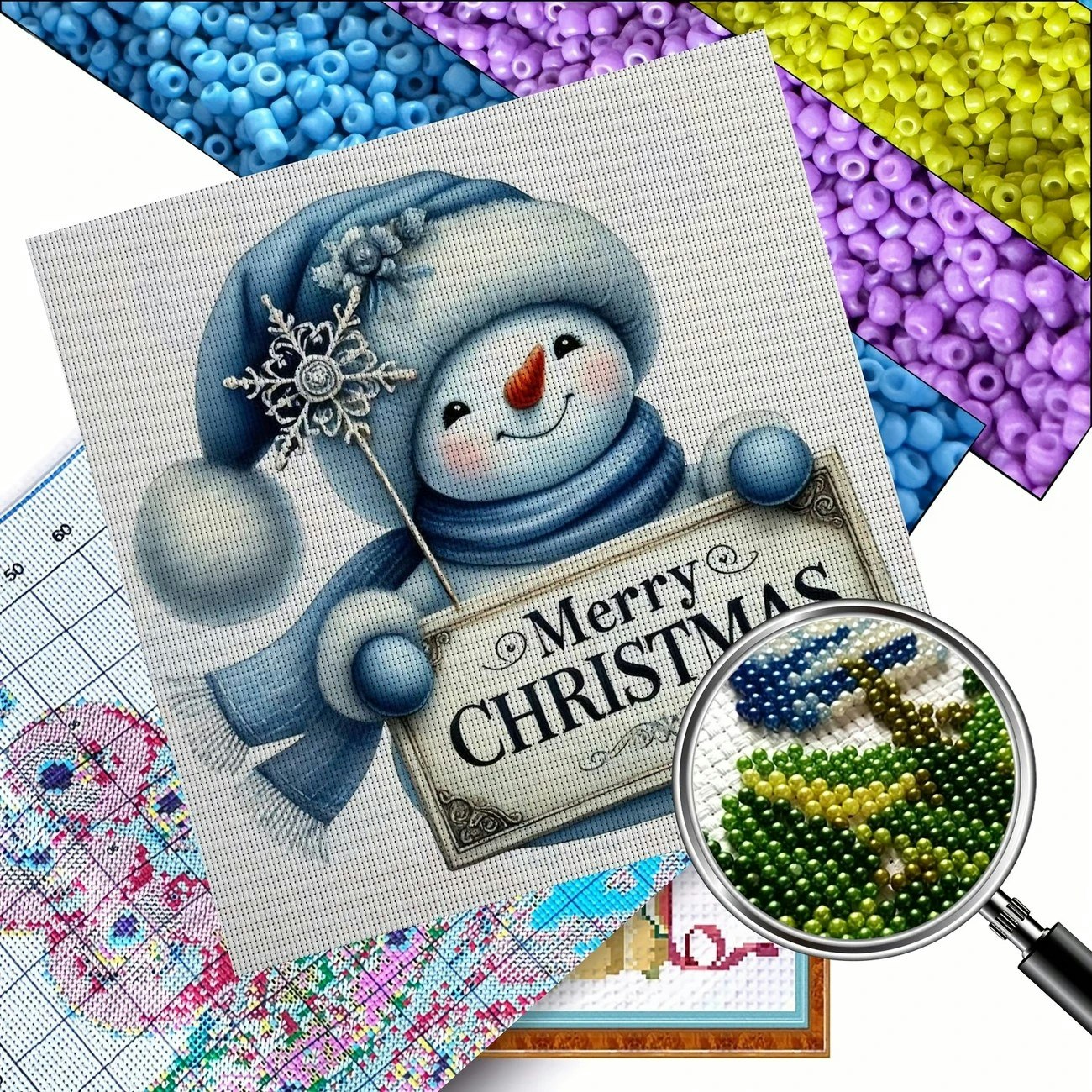 Broderi kit med perler 30x30 snømann