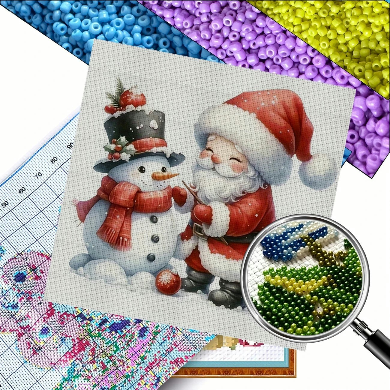 Broderi kit med perler 30x30 nisse og snømann