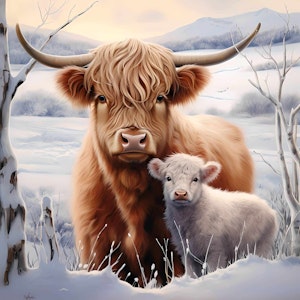 Higland i snø 40x40 cm laget av PixelPrimeArt